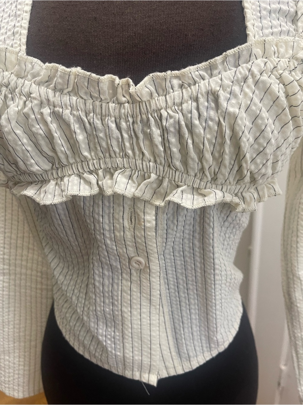 PrettyLittleThing Cream Striped Ruffle-Front Button Down Top - Picture 5 of 8